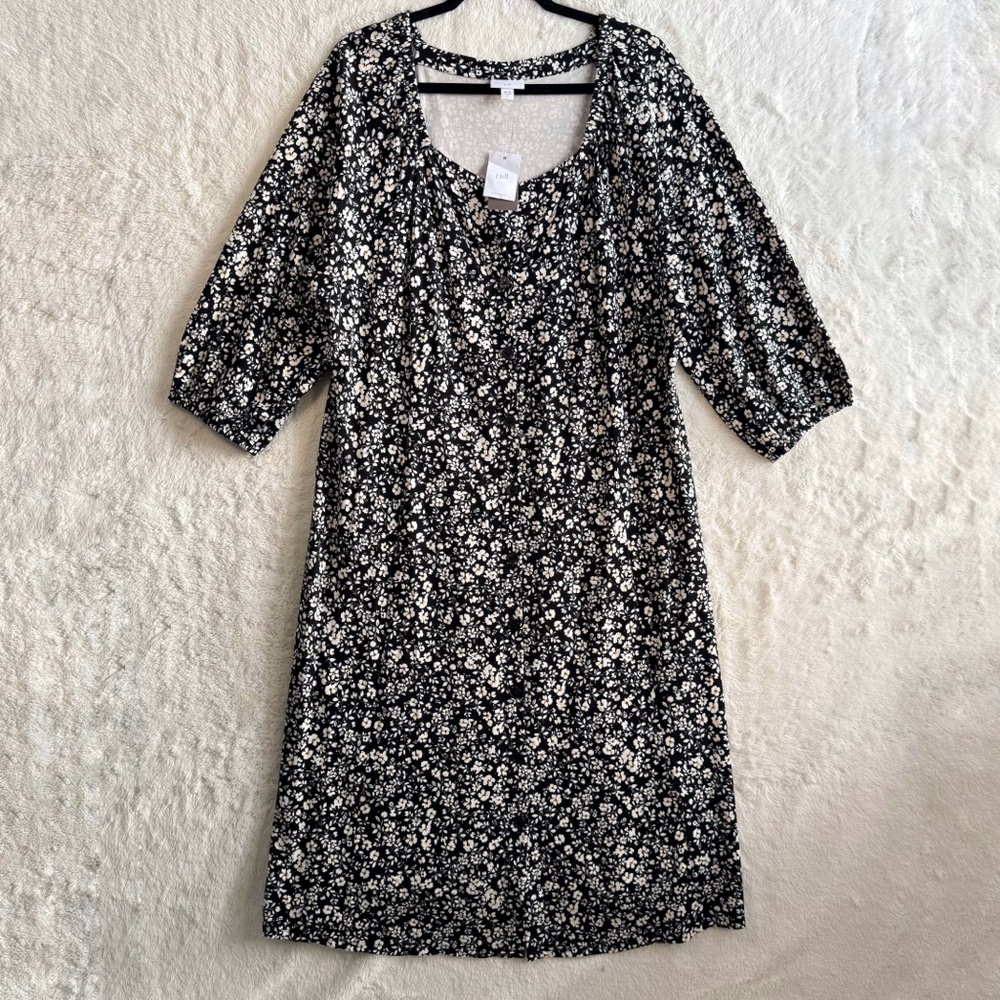 J. Jill Button Front Midi Dress Womens 2X Black Ditsy Floral Cottage Stretch NEW